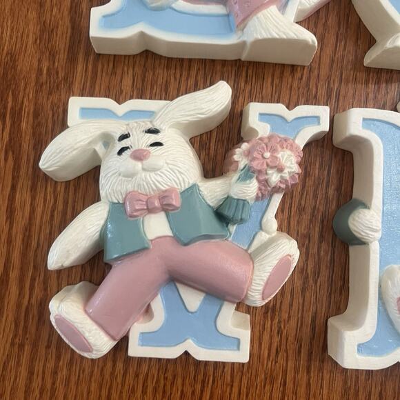 Vintage Burwood Wall Decor LOVE Bunny Rabbits Nursery Girl Boy Room Pink Blue - Picture 5 of 8